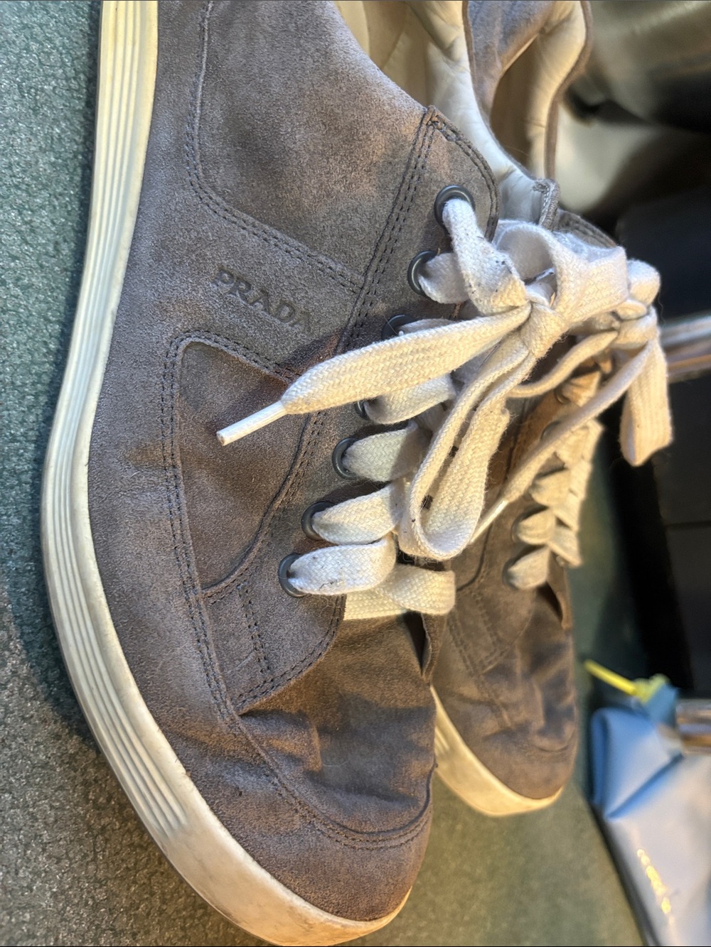 Prada Men's Suede Low-Top Sneakers in Gray with white Laces